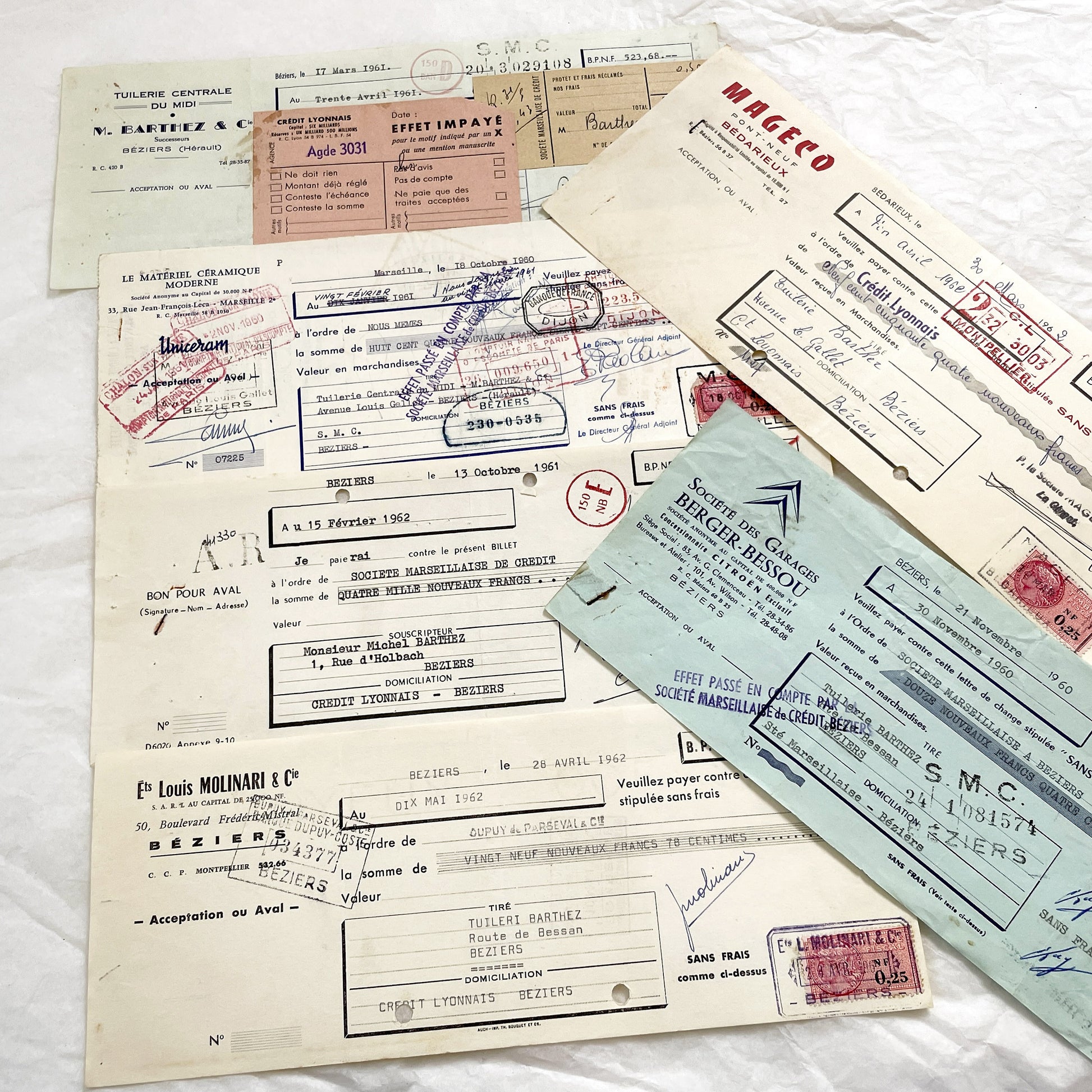 1650s - Lot of 6 Vintage French Bills of Exchange – Handwritten Commercial Documents with Stamps