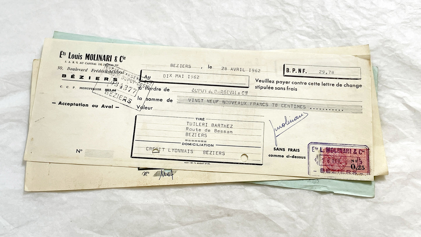 1650s - Lot of 6 Vintage French Bills of Exchange – Handwritten Commercial Documents with Stamps