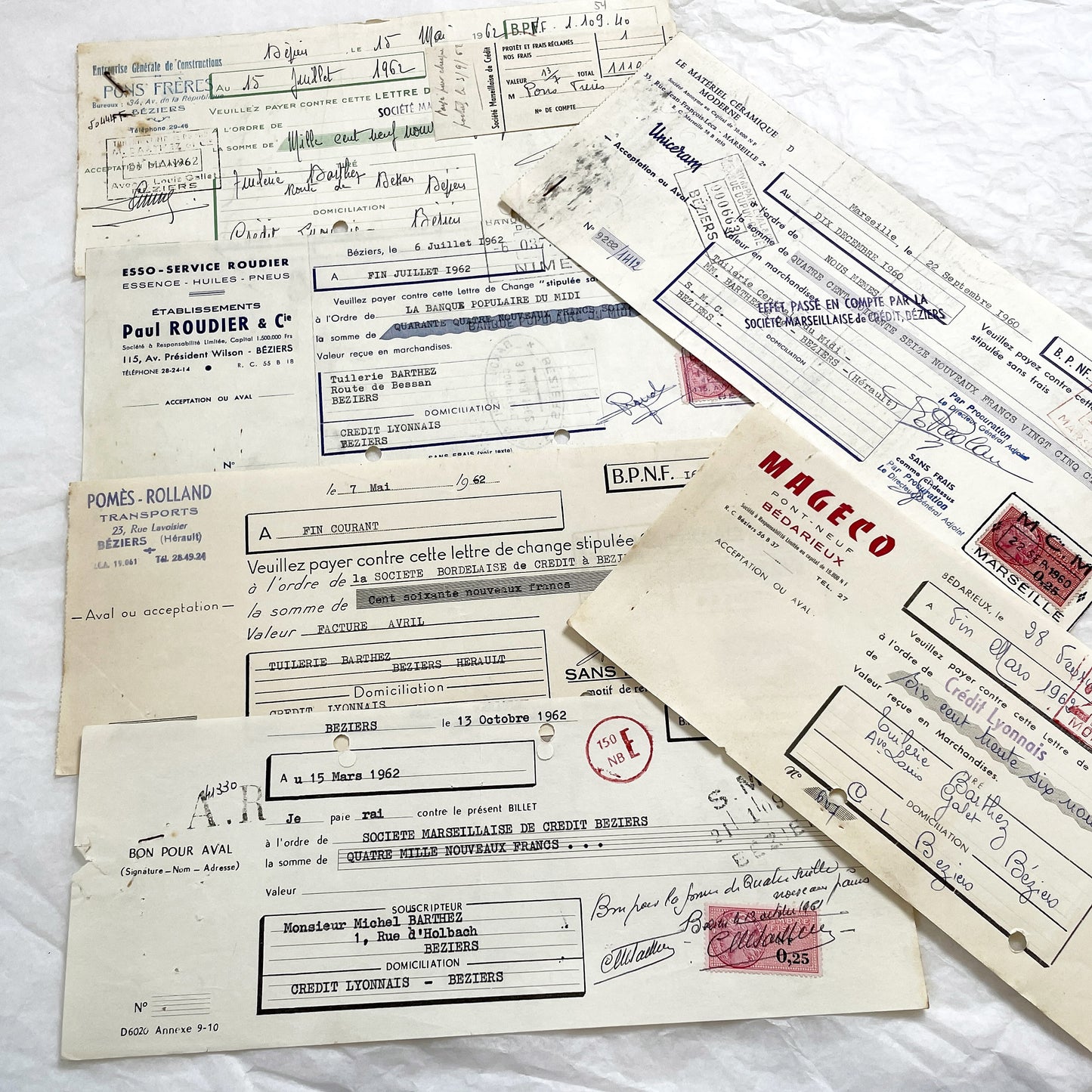 1650s - Lot of 6 Vintage French Bills of Exchange – Handwritten Commercial Documents with Stamps