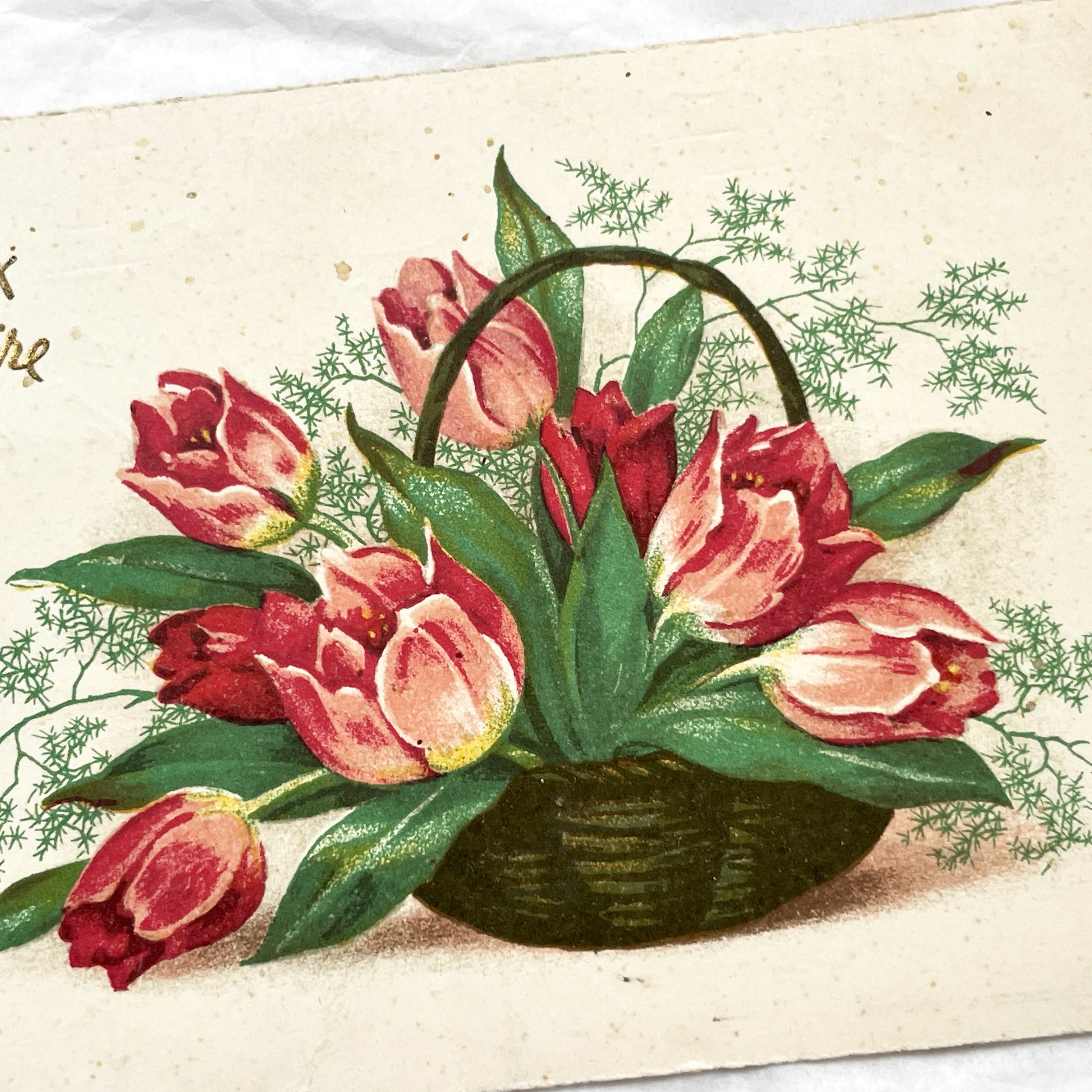 1950s - Vintage French Birthday Postcard - Antique Floral Tulips Basket - Art Nouveau Era Chromo-Lithograph - Heureux Anniversaire Card