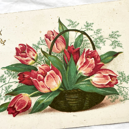 1950s - Vintage French Birthday Postcard - Antique Floral Tulips Basket - Art Nouveau Era Chromo-Lithograph - Heureux Anniversaire Card