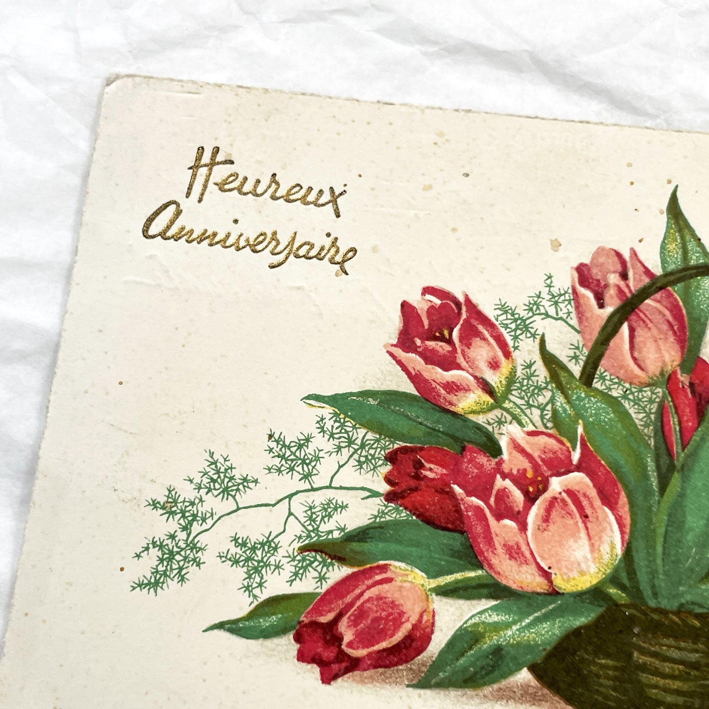 1950s - Vintage French Birthday Postcard - Antique Floral Tulips Basket - Art Nouveau Era Chromo-Lithograph - Heureux Anniversaire Card