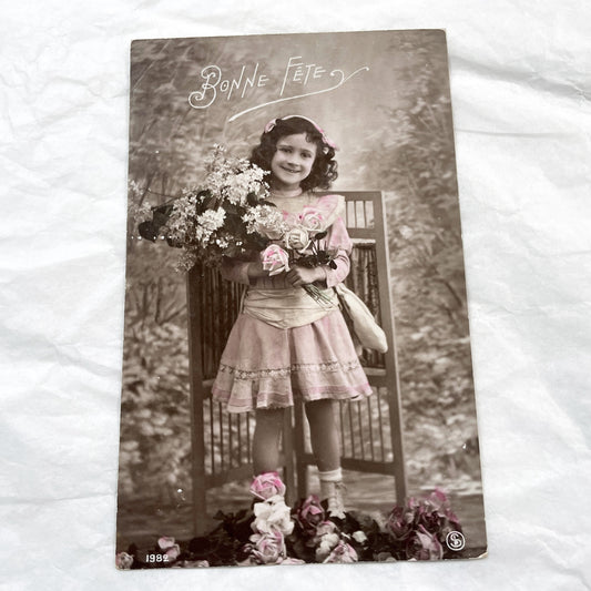 1900s - Antique French Postcard - Happy Holiday Young Girl - Pink Dress - Lilac & Roses Floral Bouquet - Vintage Ephemera Collectible
