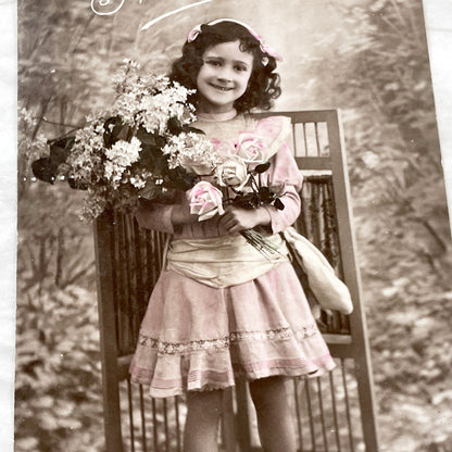 1900s - Antique French Postcard - Happy Holiday Young Girl - Pink Dress - Lilac & Roses Floral Bouquet - Vintage Ephemera Collectible