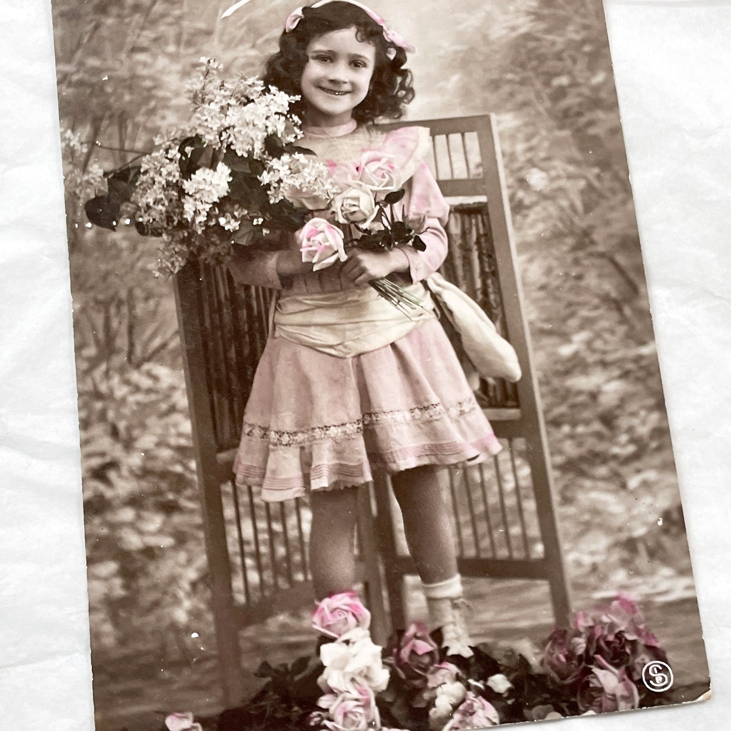 1900s - Antique French Postcard - Happy Holiday Young Girl - Pink Dress - Lilac & Roses Floral Bouquet - Vintage Ephemera Collectible