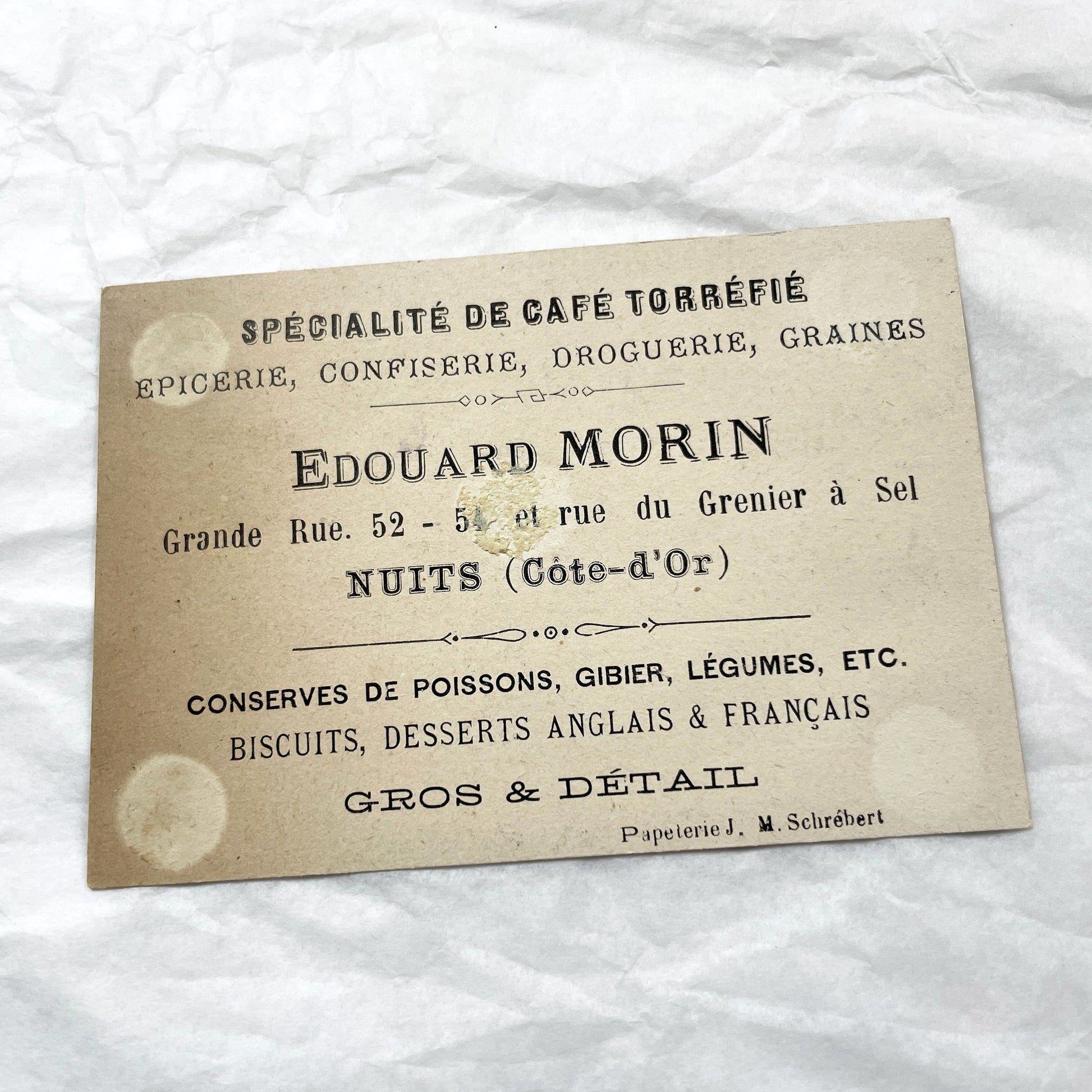 Late 19th - Antique French Chromo Card - Nuits Epicerie Centrale - Édouard Morin Grocery Store Advertisement - Vintage Ephemera