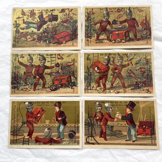 Late 19th Century - Six French Mondamin Advertising Trade Cards - Vintage Chromos Set - Historical Diver Treasure Hunt Narrative - Paris