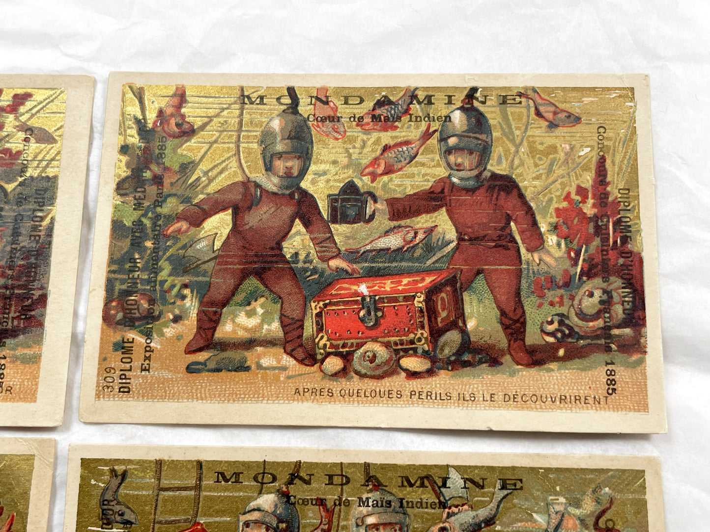 Late 19th Century - Six French Mondamin Advertising Trade Cards - Vintage Chromos Set - Historical Diver Treasure Hunt Narrative - Paris