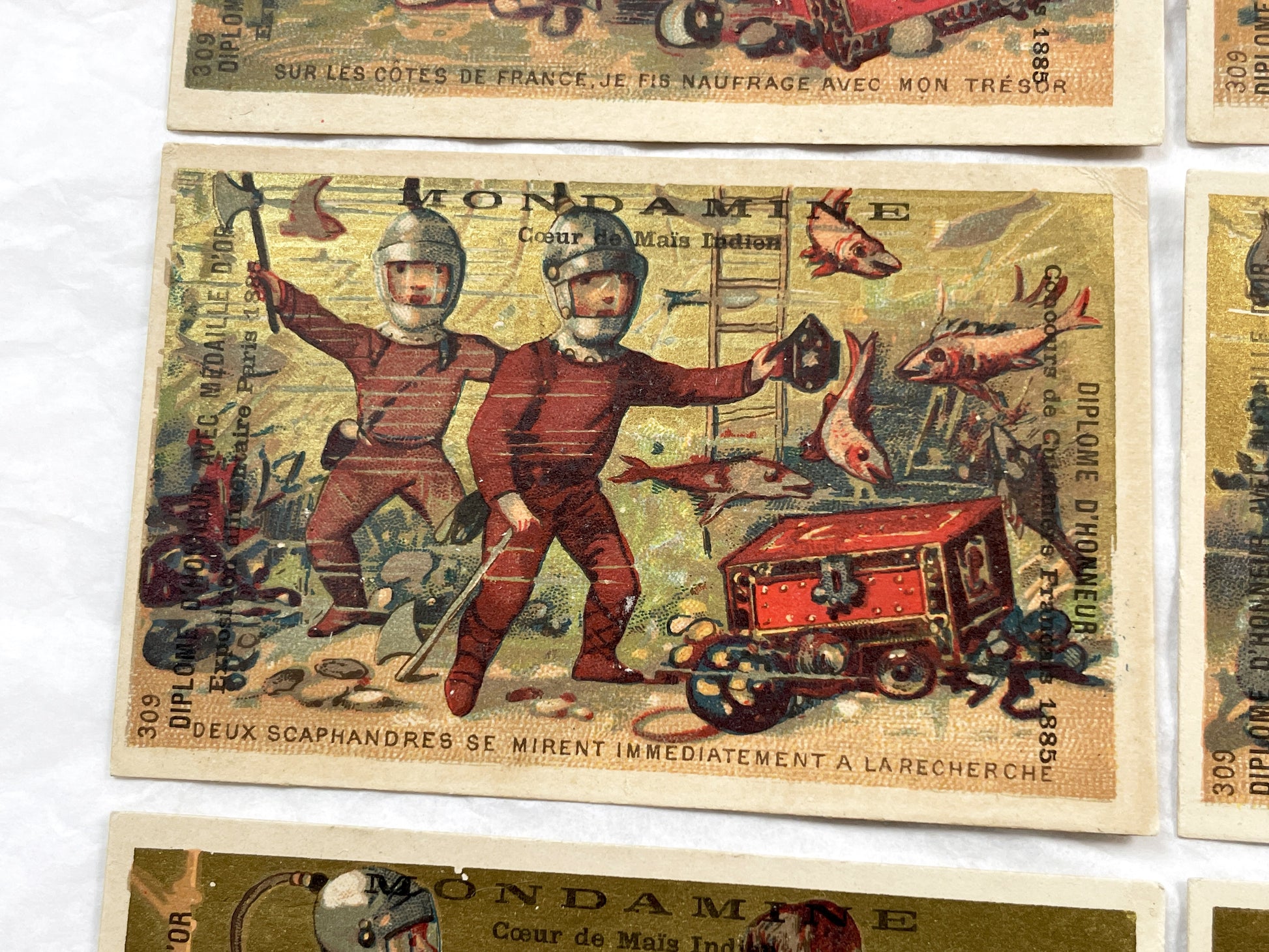 Late 19th Century - Six French Mondamin Advertising Trade Cards - Vintage Chromos Set - Historical Diver Treasure Hunt Narrative - Paris