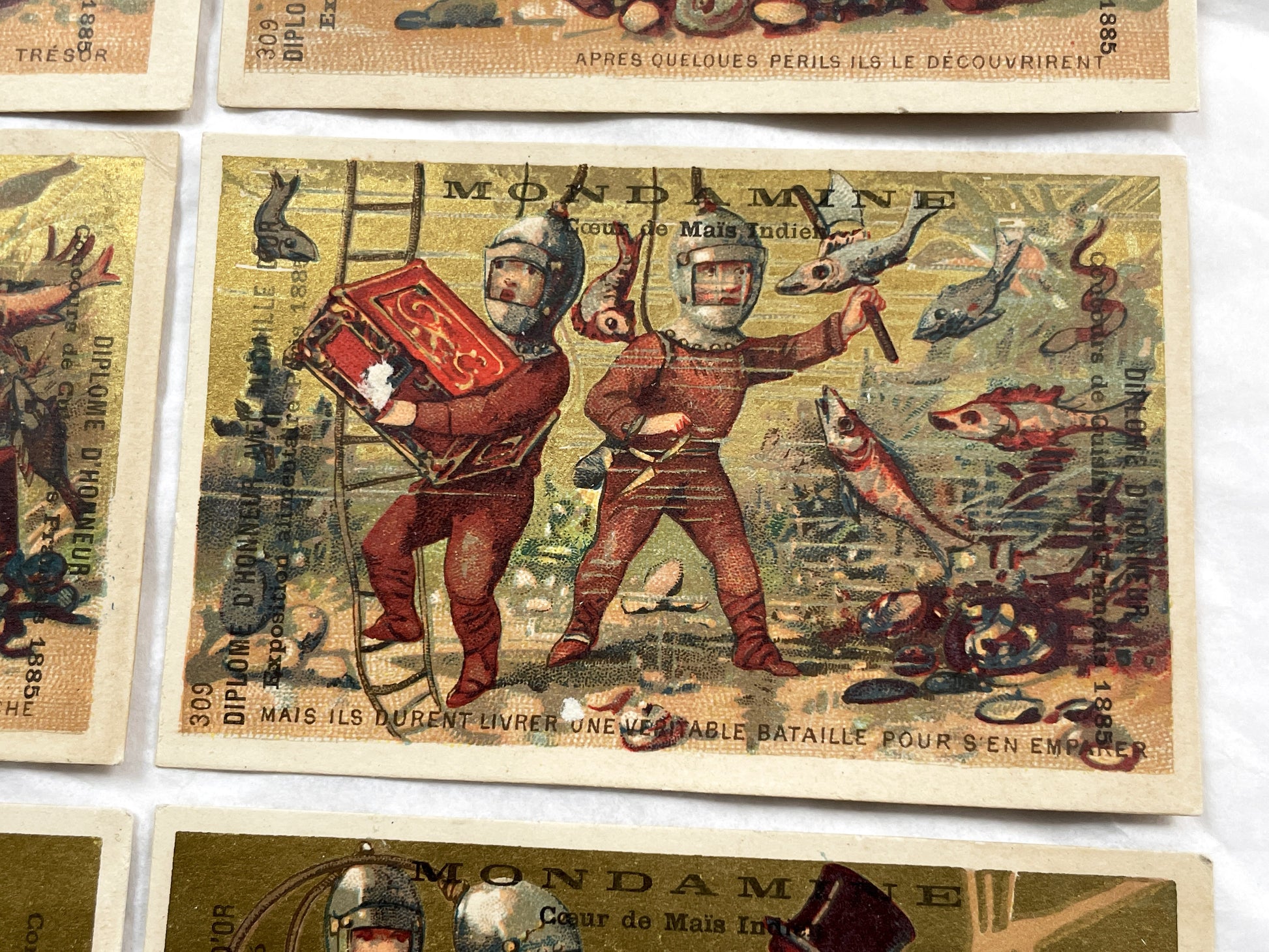 Late 19th Century - Six French Mondamin Advertising Trade Cards - Vintage Chromos Set - Historical Diver Treasure Hunt Narrative - Paris