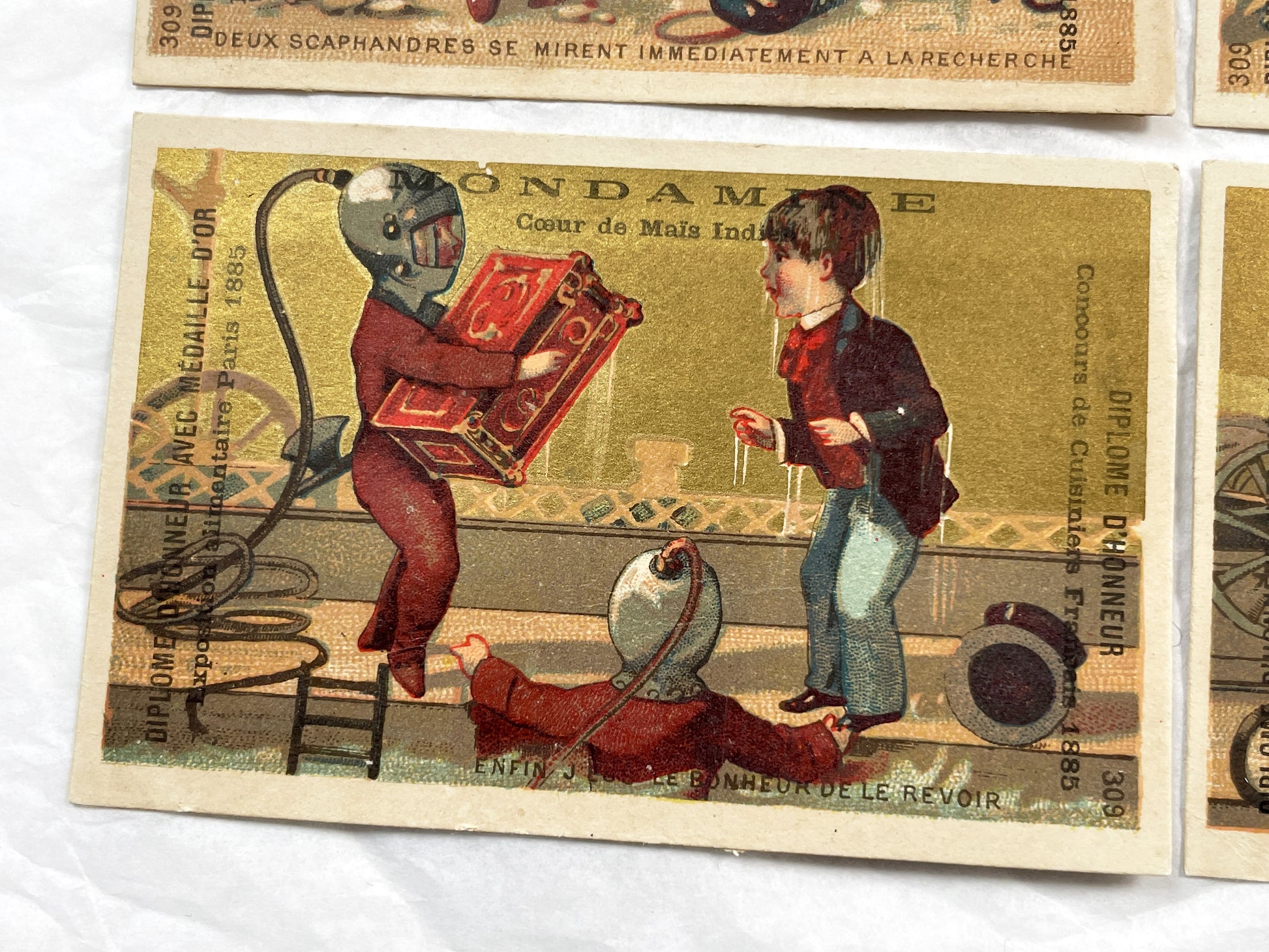 Late 19th Century - Six French Mondamin Advertising Trade Cards - Vintage Chromos Set - Historical Diver Treasure Hunt Narrative - Paris