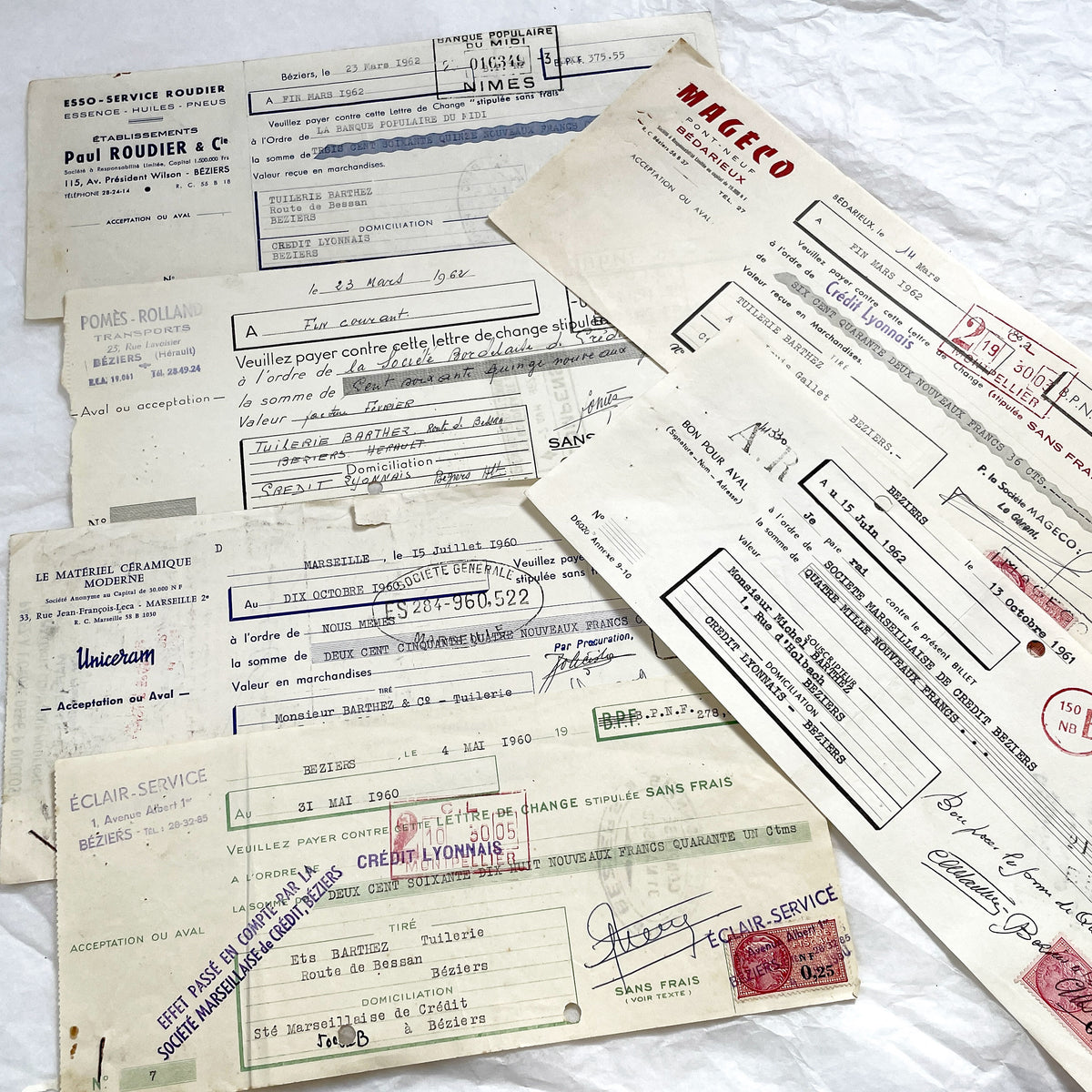 1650s - Lot of 6 Vintage French Bills of Exchange – Handwritten Commercial Documents with Stamps