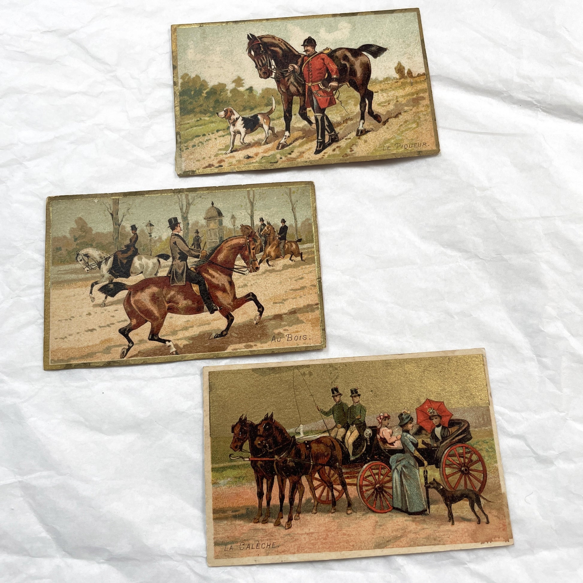 Late 19th - Three Chromolithograph Cards - Equestrian Horse Riding Carriages - Victorian Lifestyle Collectible Set - Golden Edged Decorative