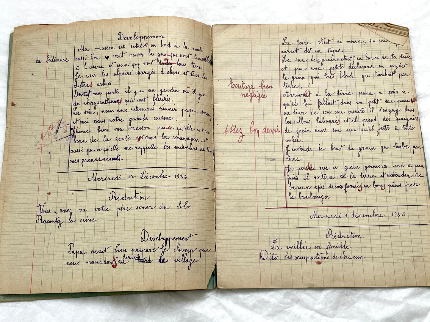 1920s - French School Notebook - Young Girl's Handwritten Daily Exercises - Early 20th Century Educational Ephemera - All Pages Pictured