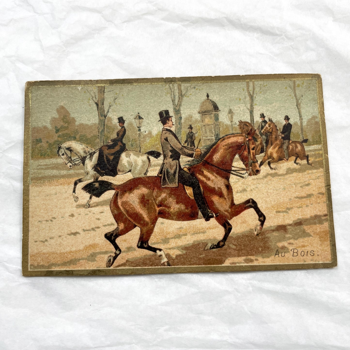 Late 19th - Three Chromolithograph Cards - Equestrian Horse Riding Carriages - Victorian Lifestyle Collectible Set - Golden Edged Decorative