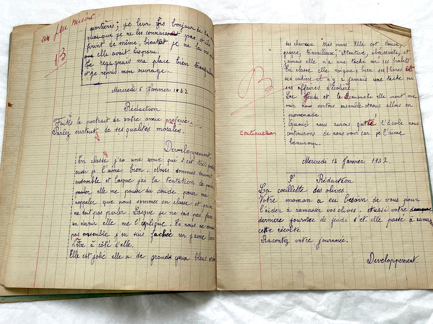 1920s - French School Notebook - Young Girl's Handwritten Daily Exercises - Early 20th Century Educational Ephemera - All Pages Pictured