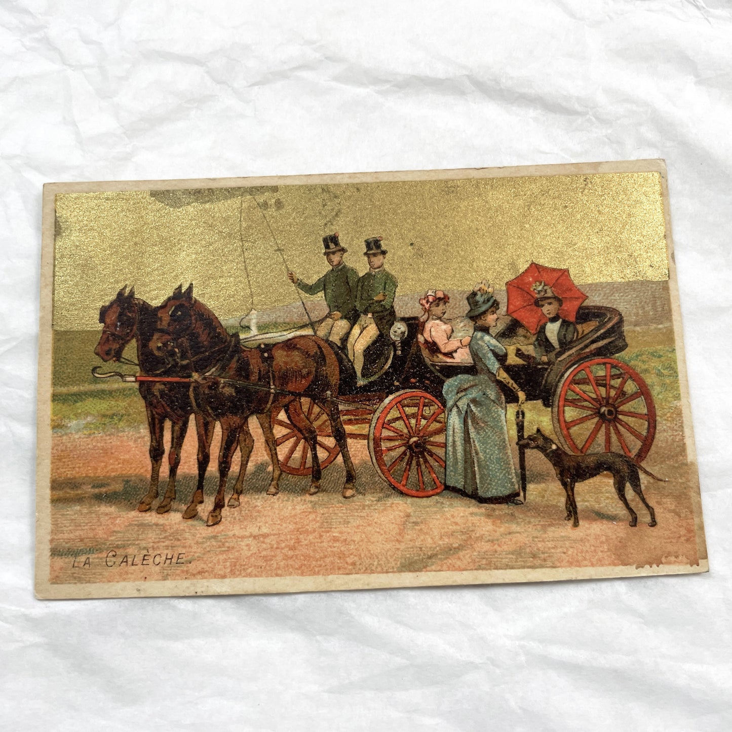 Late 19th - Three Chromolithograph Cards - Equestrian Horse Riding Carriages - Victorian Lifestyle Collectible Set - Golden Edged Decorative