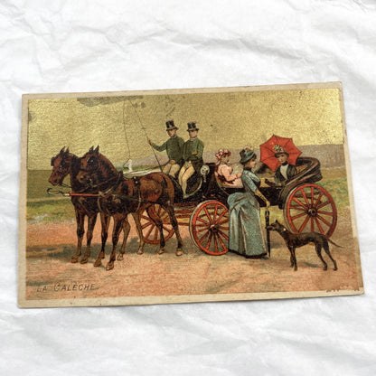 Late 19th - Three Chromolithograph Cards - Equestrian Horse Riding Carriages - Victorian Lifestyle Collectible Set - Golden Edged Decorative