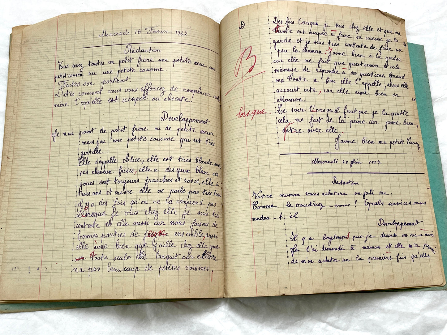 1920s - French School Notebook - Young Girl's Handwritten Daily Exercises - Early 20th Century Educational Ephemera - All Pages Pictured