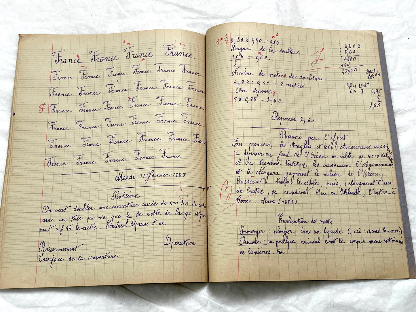 1920s - French Schoolgirl's Notebook - Vintage French Manuscript - Primary Education Ephemera - Daily Life Document