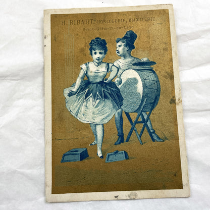 Late 19th - Antique French Advertising Chromo Card - H. Ribaut Watchmaking & Jewelry - Saint-Germain-en-Laye Children Performers Art Print