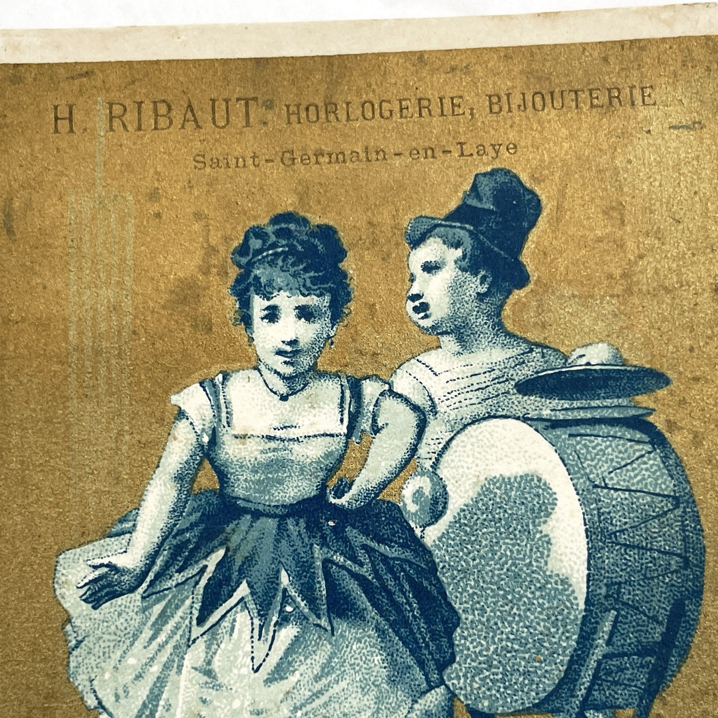 Late 19th - Antique French Advertising Chromo Card - H. Ribaut Watchmaking & Jewelry - Saint-Germain-en-Laye Children Performers Art Print