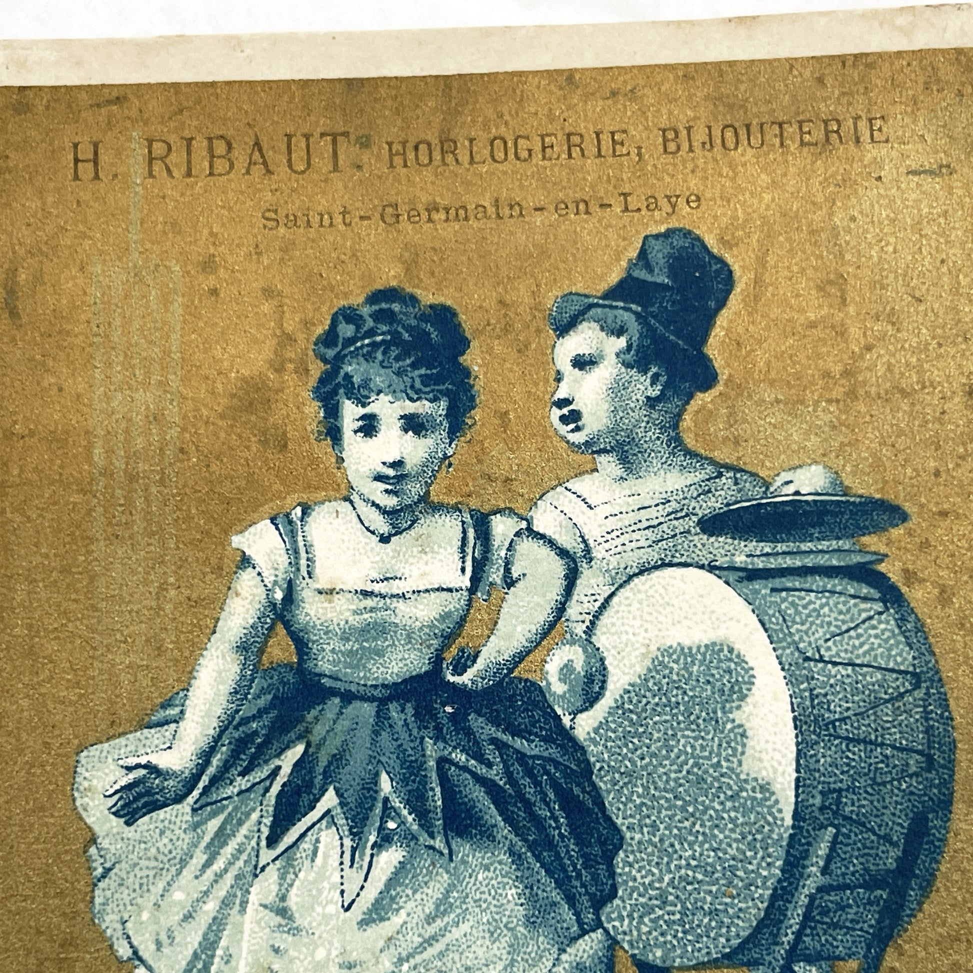 Late 19th - Antique French Advertising Chromo Card - H. Ribaut Watchmaking & Jewelry - Saint-Germain-en-Laye Children Performers Art Print