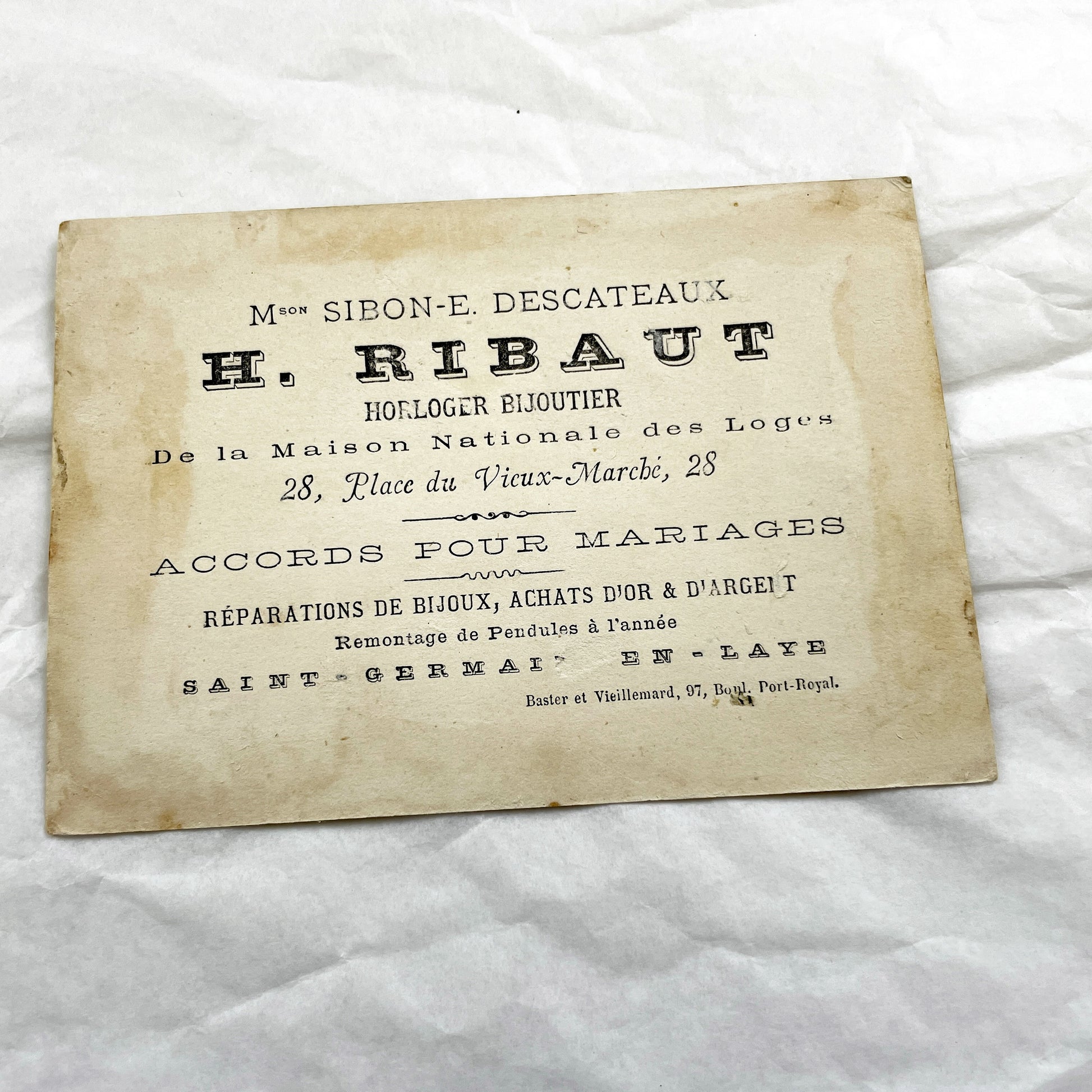 Late 19th - Antique French Advertising Chromo Card - H. Ribaut Watchmaking & Jewelry - Saint-Germain-en-Laye Children Performers Art Print