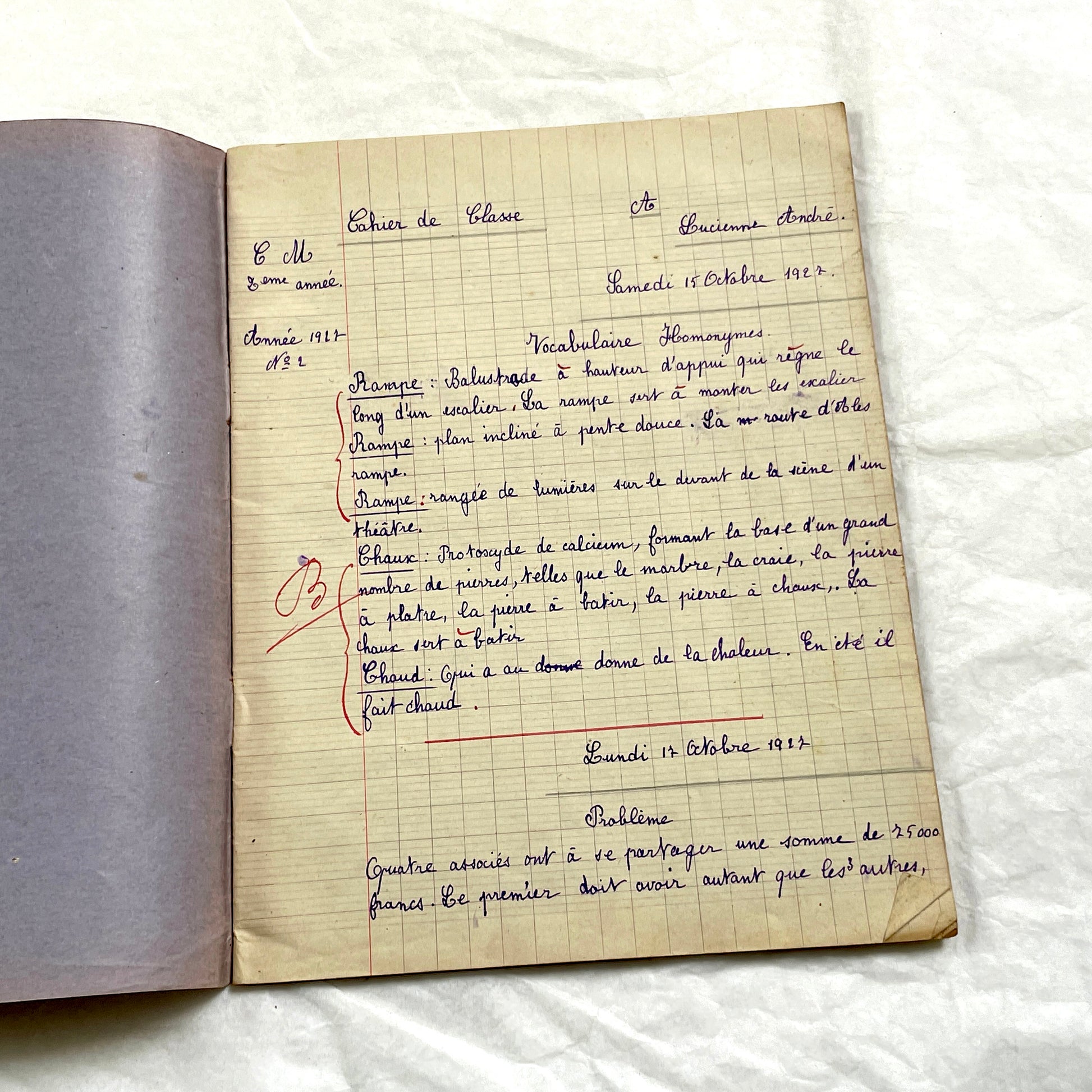 1920s - French School Notebook - Young Girl's Handwritten Exercises - Vintage Educational Ephemera - History