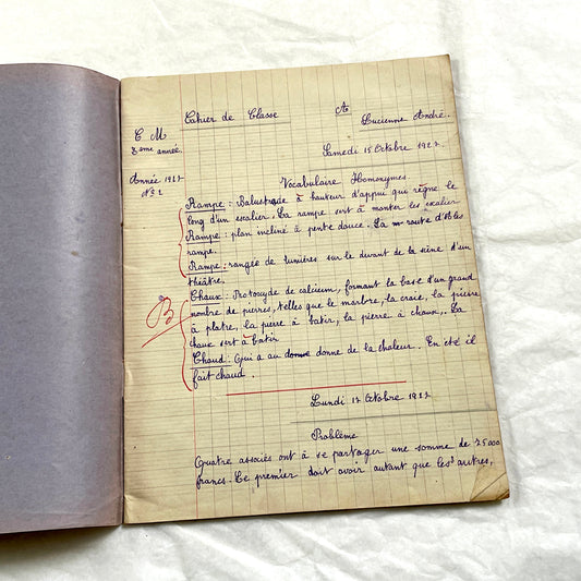 1920s - French School Notebook - Young Girl's Handwritten Exercises - Vintage Educational Ephemera - History