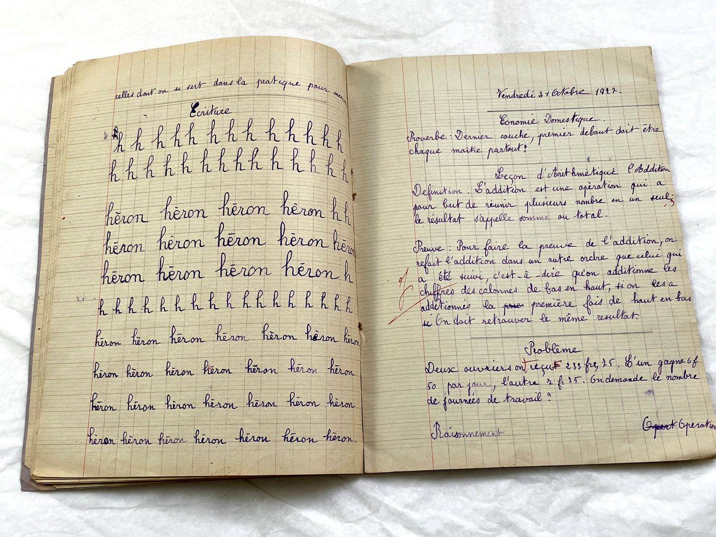 1920s - French School Notebook - Young Girl's Handwritten Exercises - Vintage Educational Ephemera - History