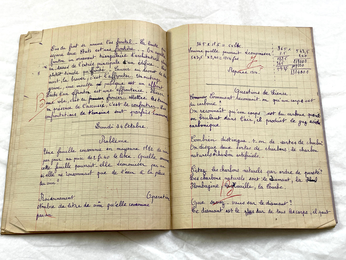 1920s - French School Notebook - Young Girl's Handwritten Exercises - Vintage Educational Ephemera - History