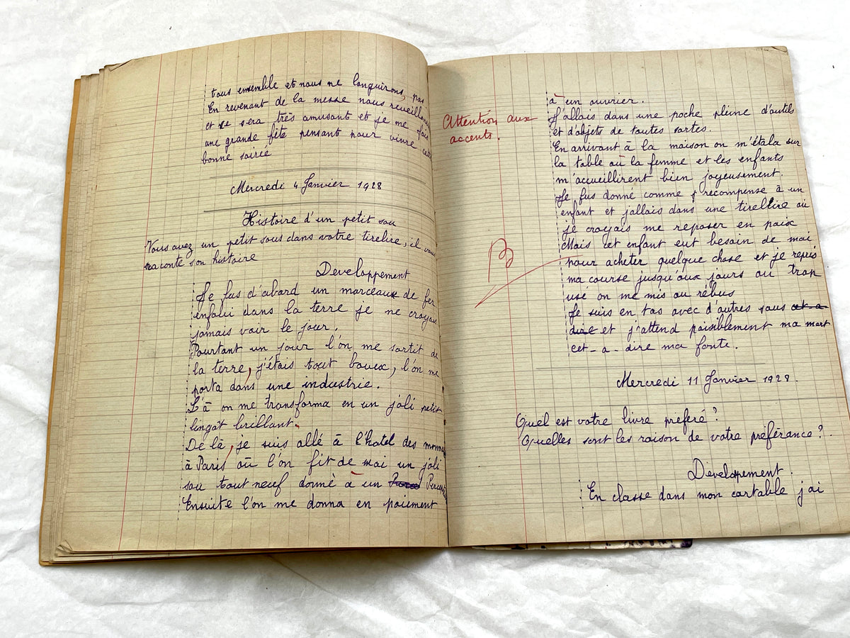 1920s - French Schoolgirl's Composition Notebook - Vintage French School Ephemera - Original Handwriting