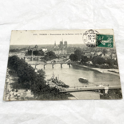 1910s - Paris Seine River Panorama - Notre Dame Cathedral View - Vintage French Postcard - Historic Cityscape Architecture - Old Paris