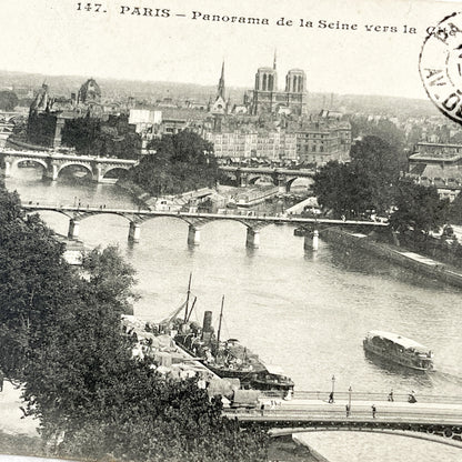 1910s - Paris Seine River Panorama - Notre Dame Cathedral View - Vintage French Postcard - Historic Cityscape Architecture - Old Paris