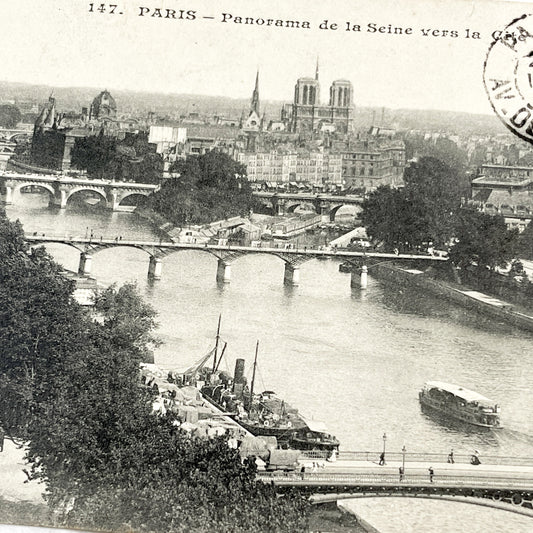 1910s - Paris Seine River Panorama - Notre Dame Cathedral View - Vintage French Postcard - Historic Cityscape Architecture - Old Paris