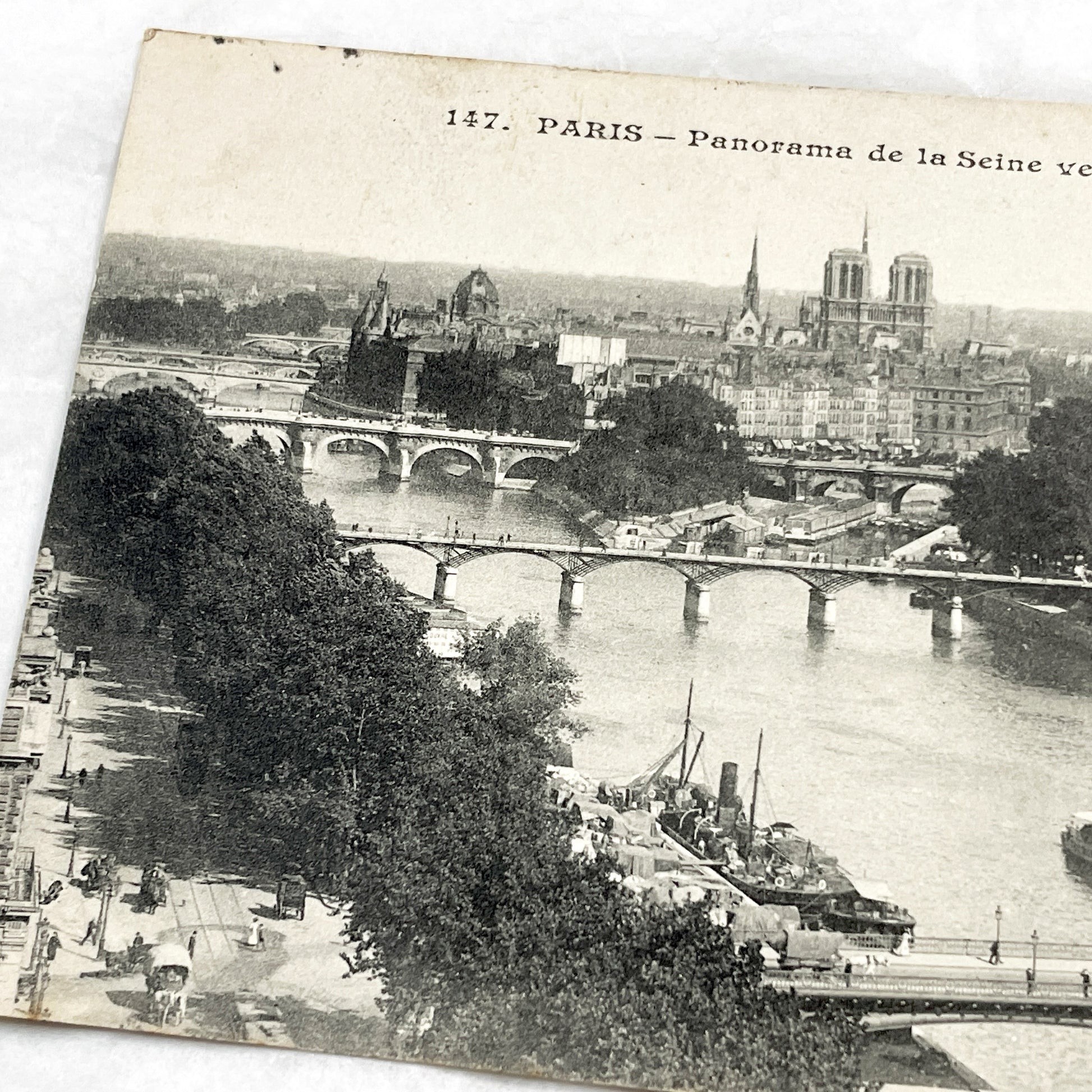 1910s - Paris Seine River Panorama - Notre Dame Cathedral View - Vintage French Postcard - Historic Cityscape Architecture - Old Paris