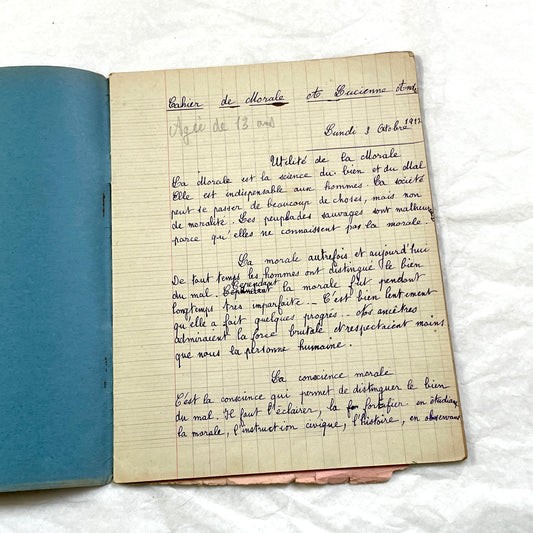 1920s - French School Notebook - Student Morale Class Homework - Vintage French Education - Handwritten Manuscript
