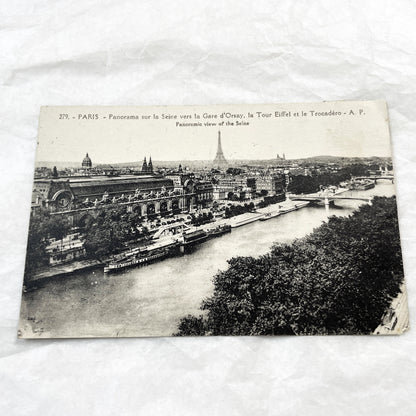 1920s - Vintage Paris Seine River View Postcard - Gare D'Orsay - Eiffel Tower - Trocadero - Historic French Capital City Landmark