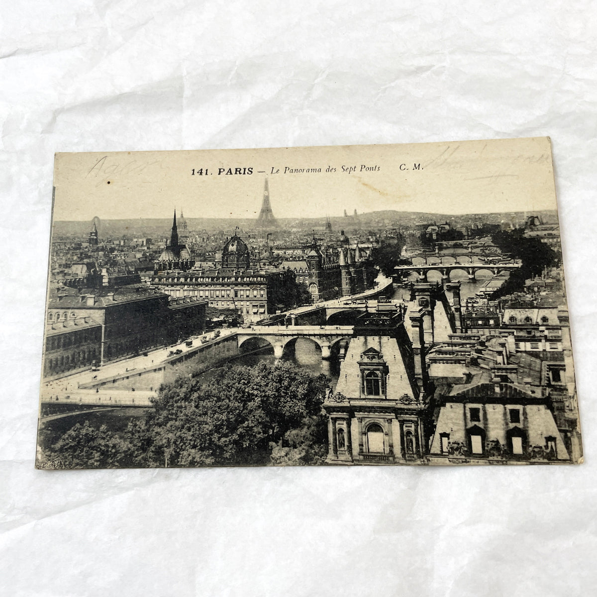 1910s - Vintage Paris Panorama Postcard - Seine River Bridges - Eiffel Tower View - French Capital Historic Cityscape Ephemera