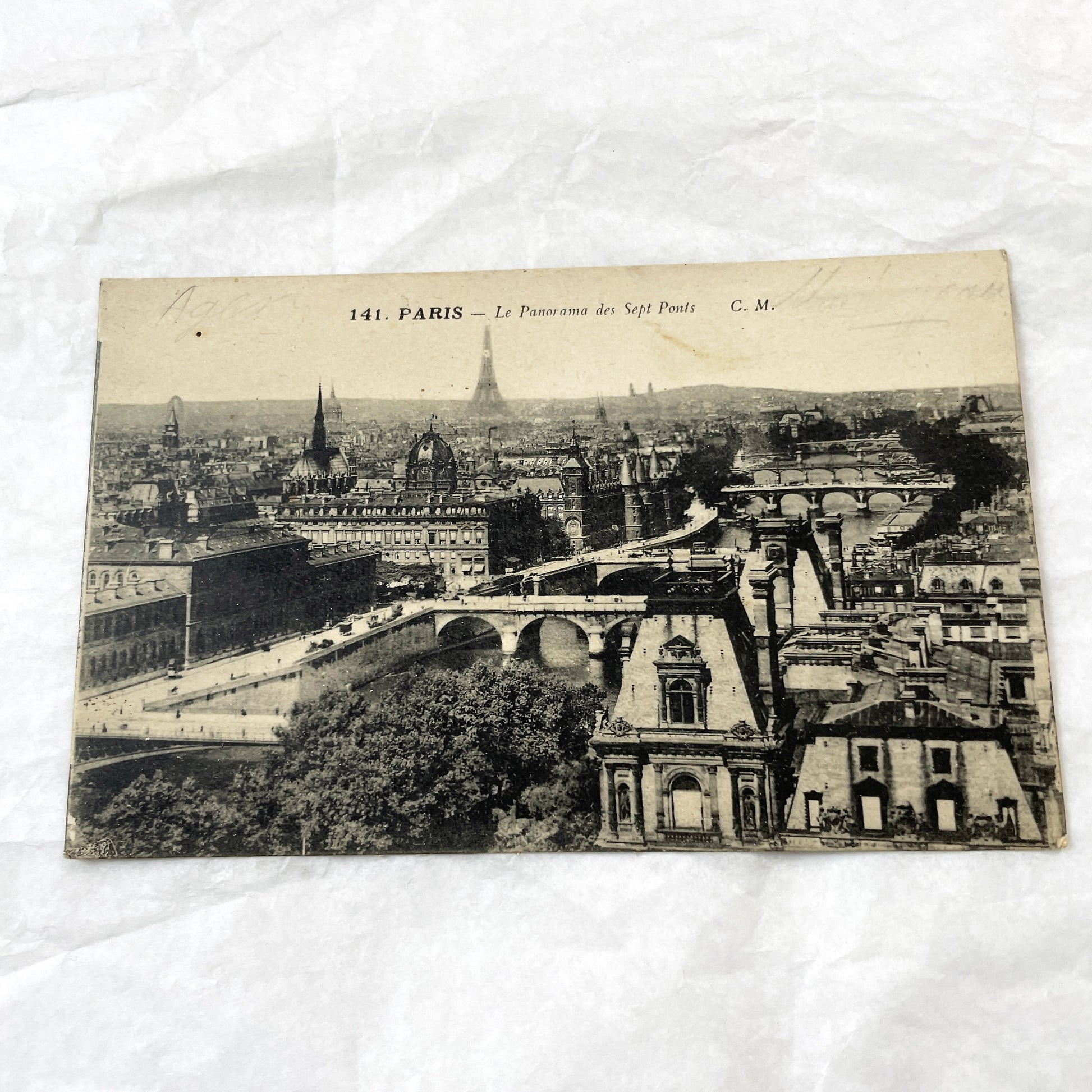 1910s - Vintage Paris Panorama Postcard - Seine River Bridges - Eiffel Tower View - French Capital Historic Cityscape Ephemera