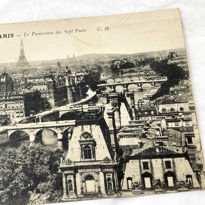 1910s - Vintage Paris Panorama Postcard - Seine River Bridges - Eiffel Tower View - French Capital Historic Cityscape Ephemera