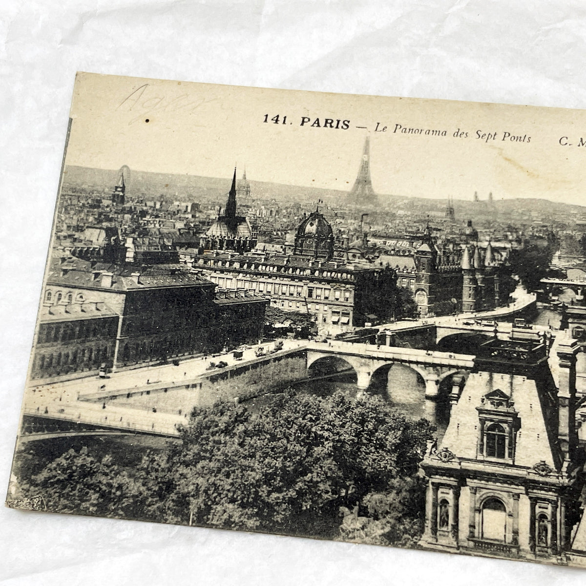 1910s - Vintage Paris Panorama Postcard - Seine River Bridges - Eiffel Tower View - French Capital Historic Cityscape Ephemera