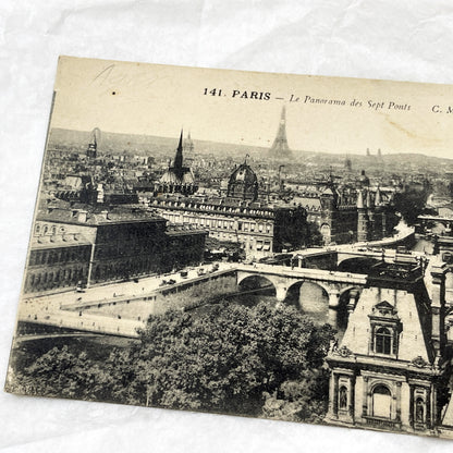1910s - Vintage Paris Panorama Postcard - Seine River Bridges - Eiffel Tower View - French Capital Historic Cityscape Ephemera