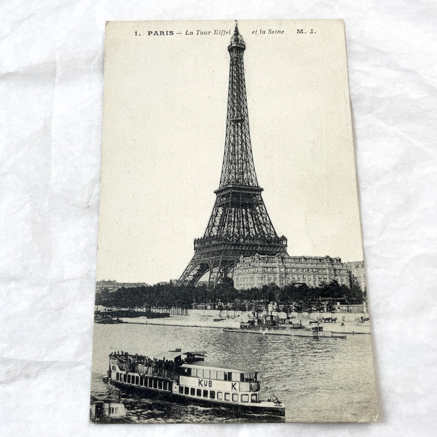 1910s - Vintage Postcard - Paris Eiffel Tower - Seine River Steamboat View - Historic French Capital - Early 20th Century Scene - M. J.