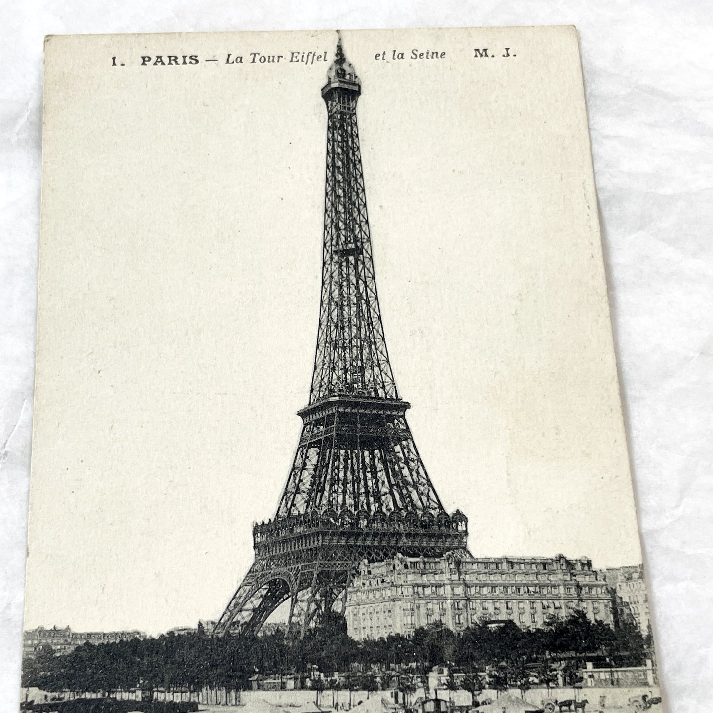 1910s - Vintage Postcard - Paris Eiffel Tower - Seine River Steamboat View - Historic French Capital - Early 20th Century Scene - M. J.
