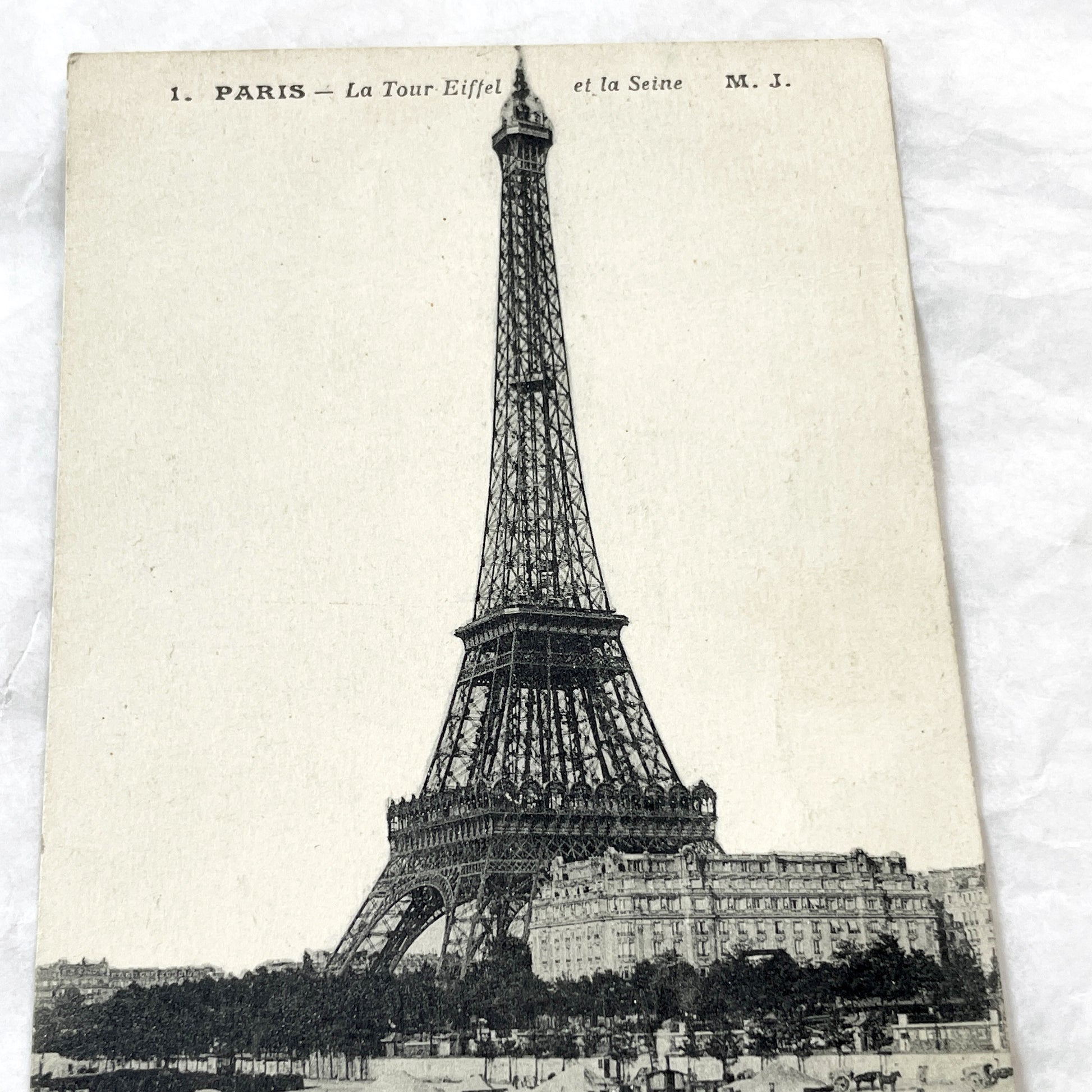 1910s - Vintage Postcard - Paris Eiffel Tower - Seine River Steamboat View - Historic French Capital - Early 20th Century Scene - M. J.