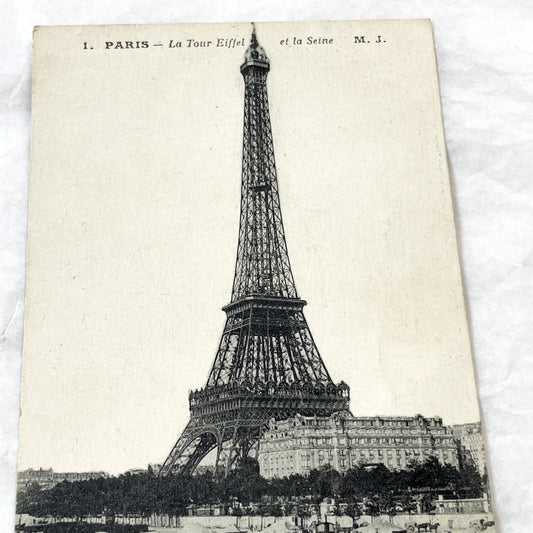 1910s - Vintage Postcard - Paris Eiffel Tower - Seine River Steamboat View - Historic French Capital - Early 20th Century Scene - M. J.