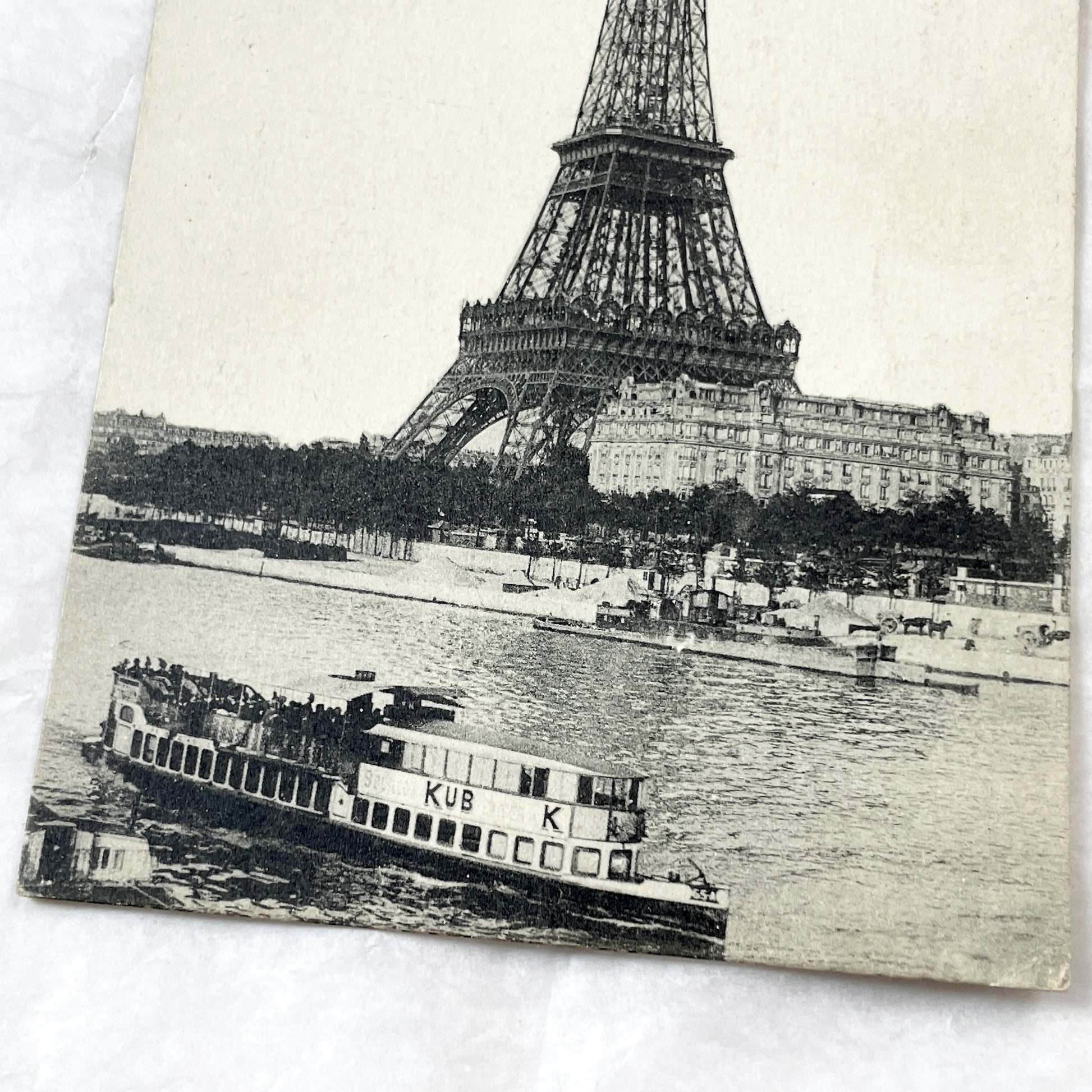 1910s - Vintage Postcard - Paris Eiffel Tower - Seine River Steamboat View - Historic French Capital - Early 20th Century Scene - M. J.