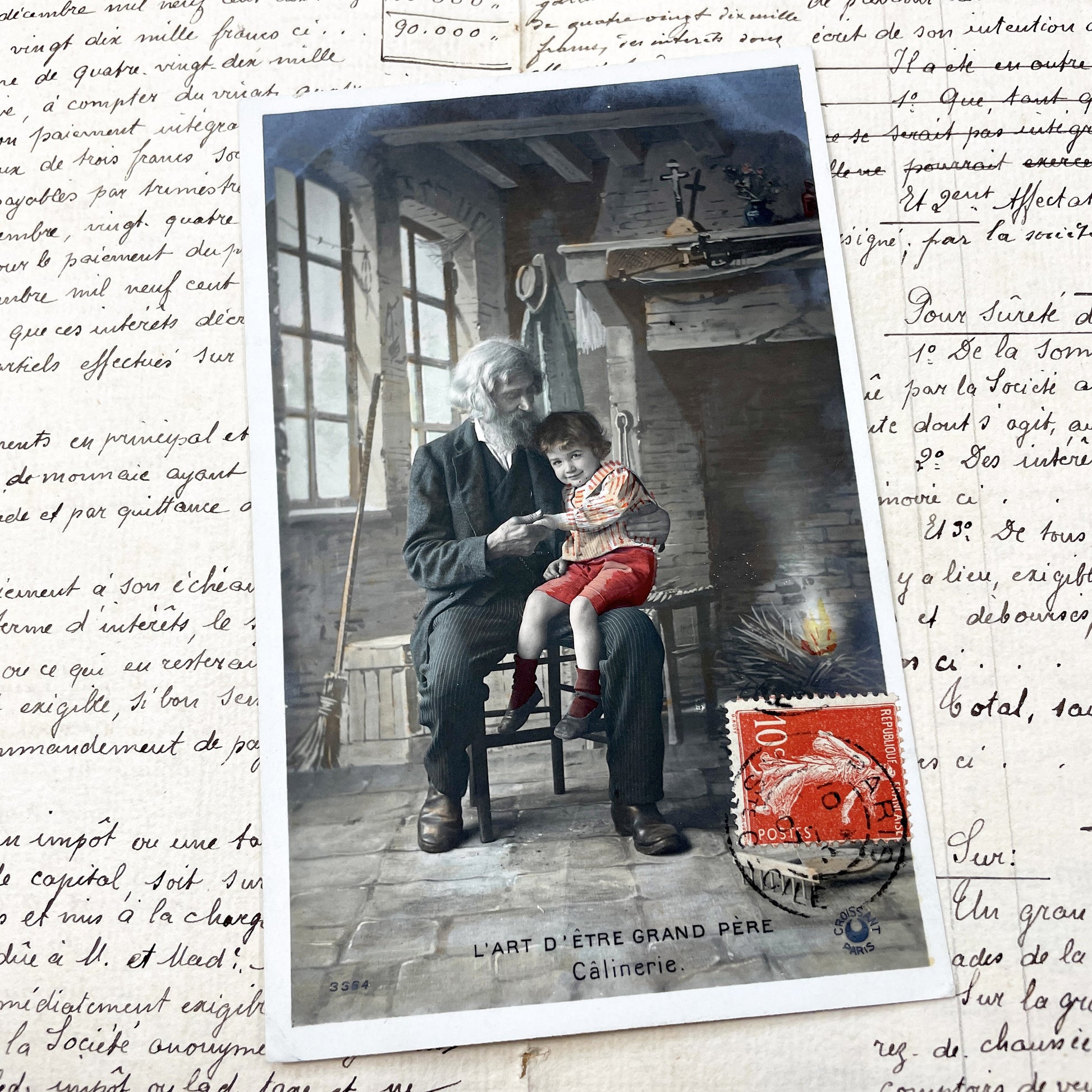 1910s - French Postcard Grandfather Child Portrait - Sentimental Belle Epoque Art - L'Art D'Être Grand Père Câlinerie - Vintage Family Scene